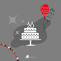 Grafik einer Torte, Luftballon und Girlande - Beitragsbild zum Firmenjubiläum: 20 Jahre Competence on Top